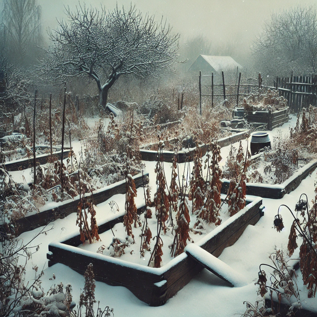Potager endormi sous la neige en hiver, en lien avec des recettes faciles hivernales