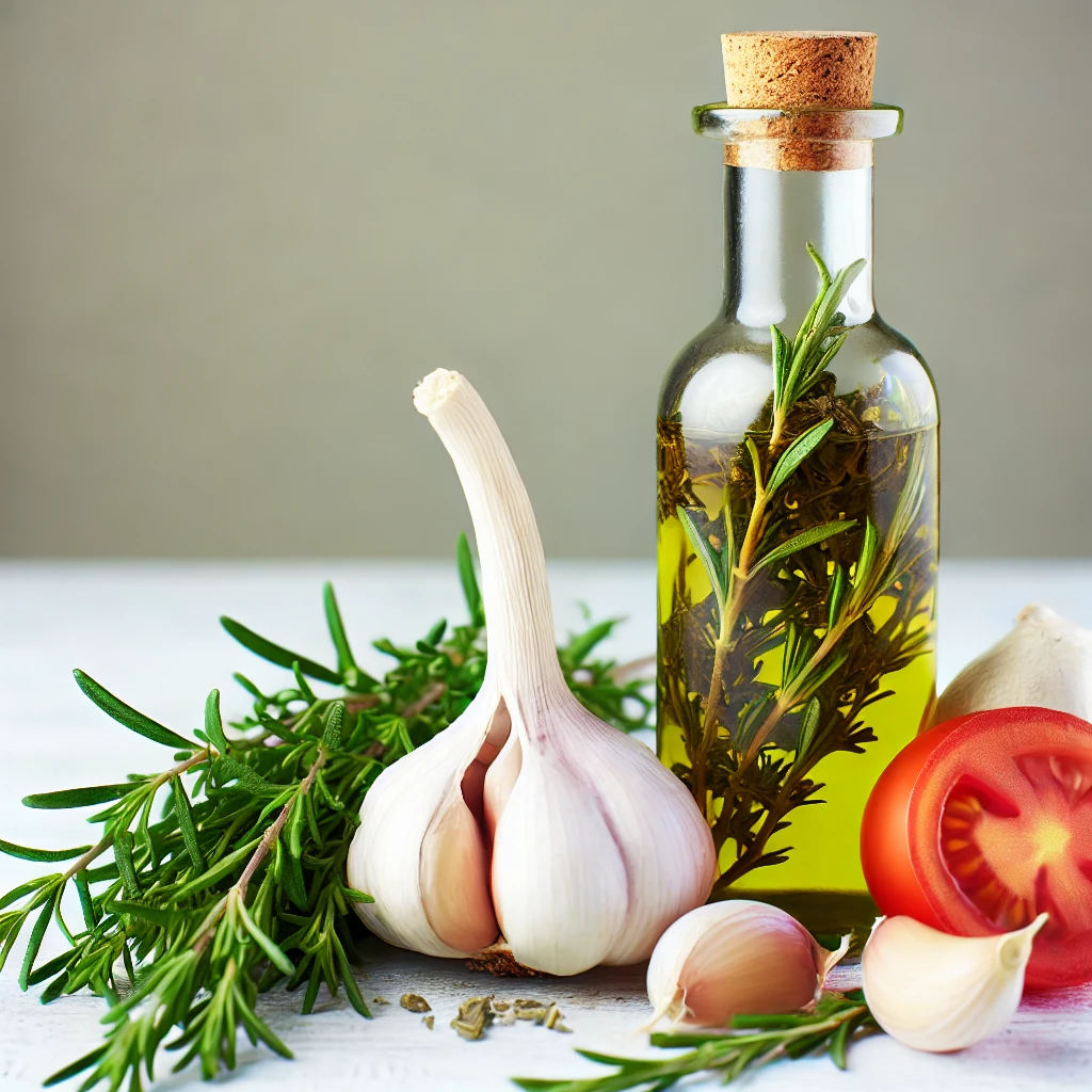 Ingrédients simples pour recettes faciles d'hiver : ail, herbes et huile pour une sauce maison