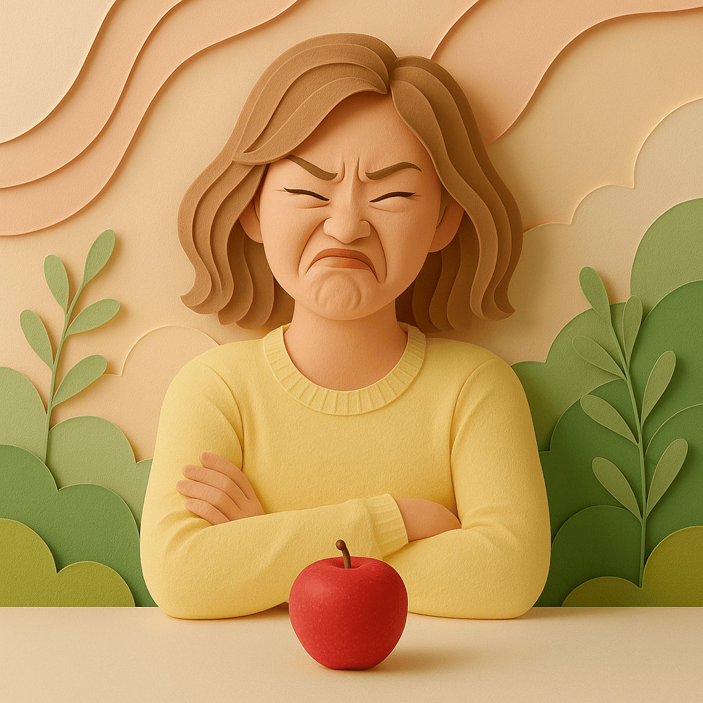 Réaction négative face à un fruit symbole d’un changement alimentaire imposé, loin de l’objectif de manger mieux avec plaisir