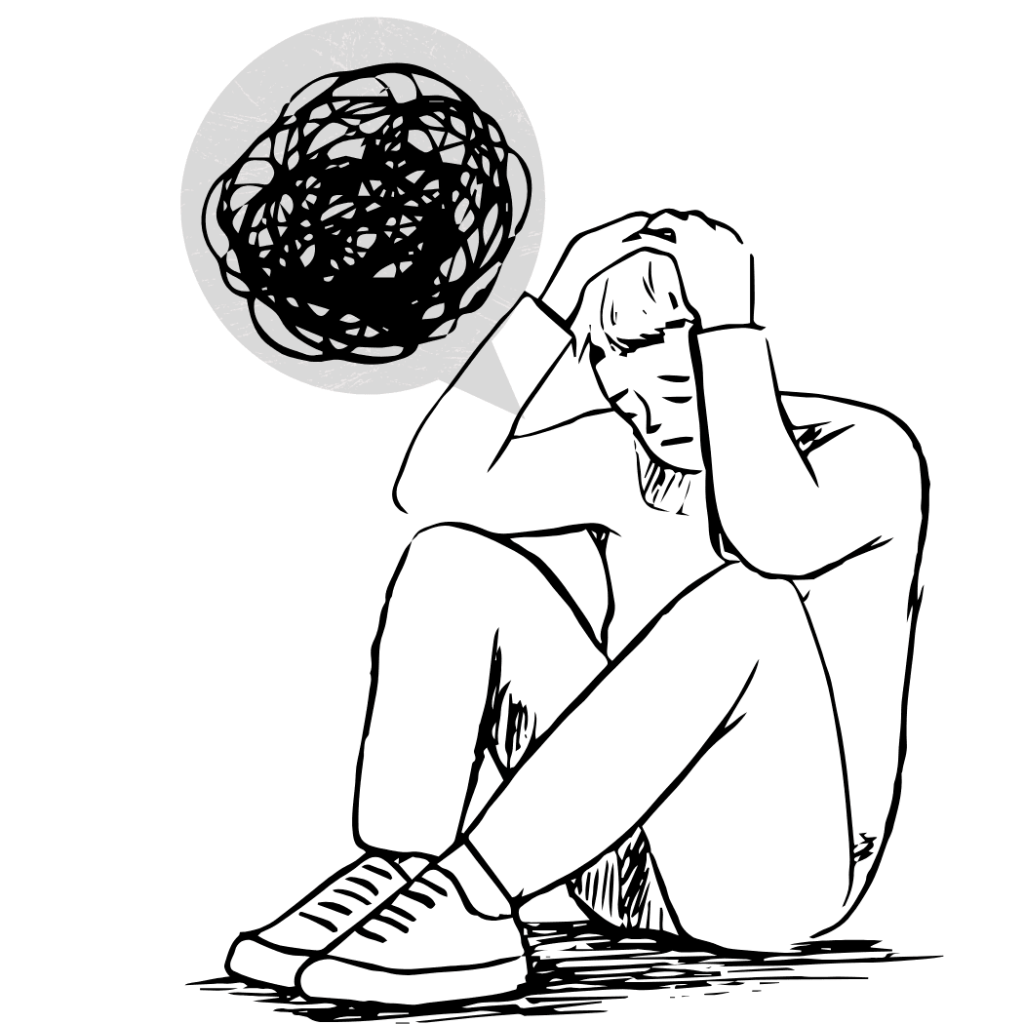 Dessin d'un homme qui a des pensées négatives en boucle, symptôme de la dépression.