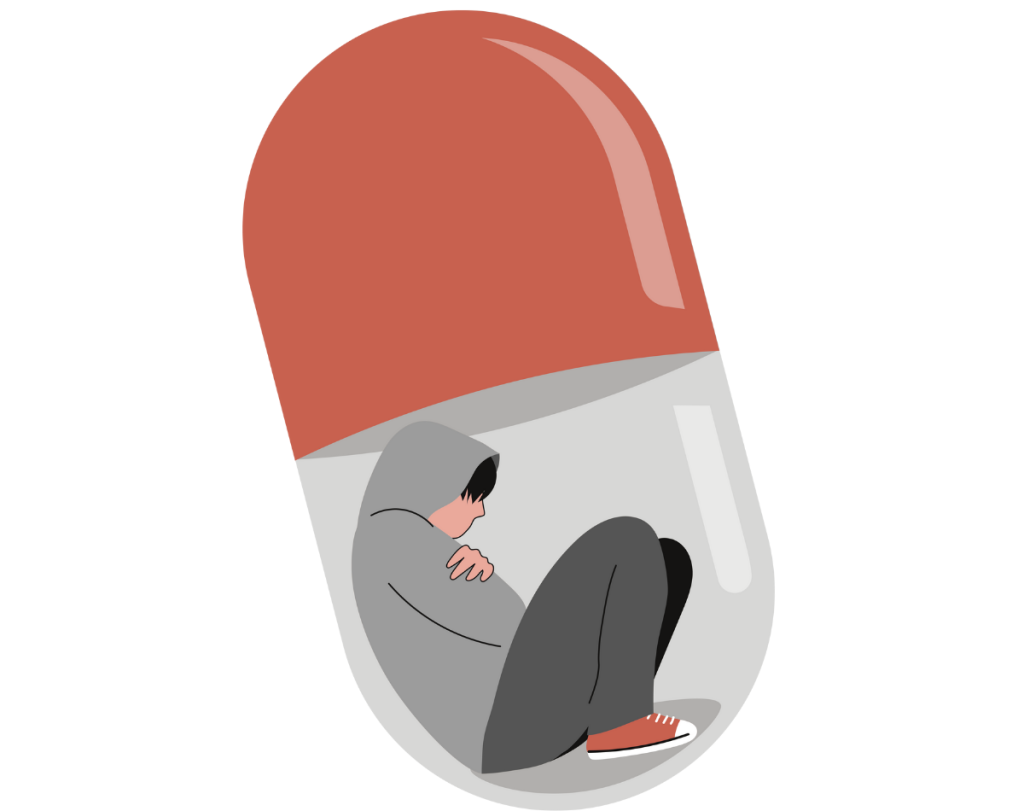 Illustration d'un homme encapsulé dans une gélule pour représenter l'effet aggravant des drogues dans la dépression.